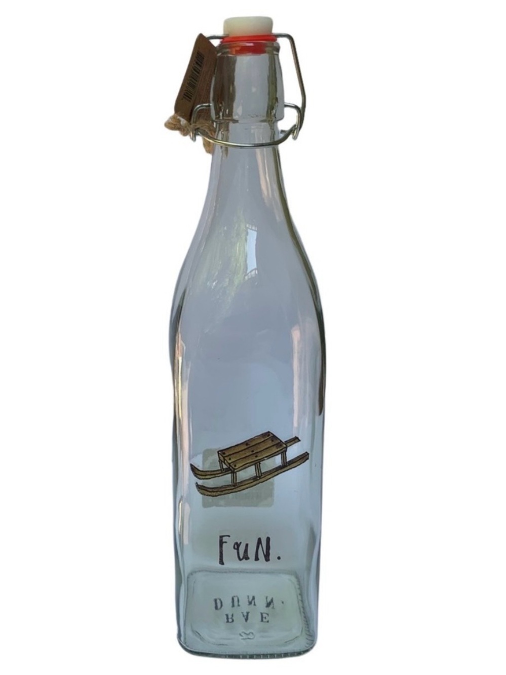 Rae Dunn Fun Bail & Trigger Clear Glass Bottle Sled Graphic Christmas NWT 2017